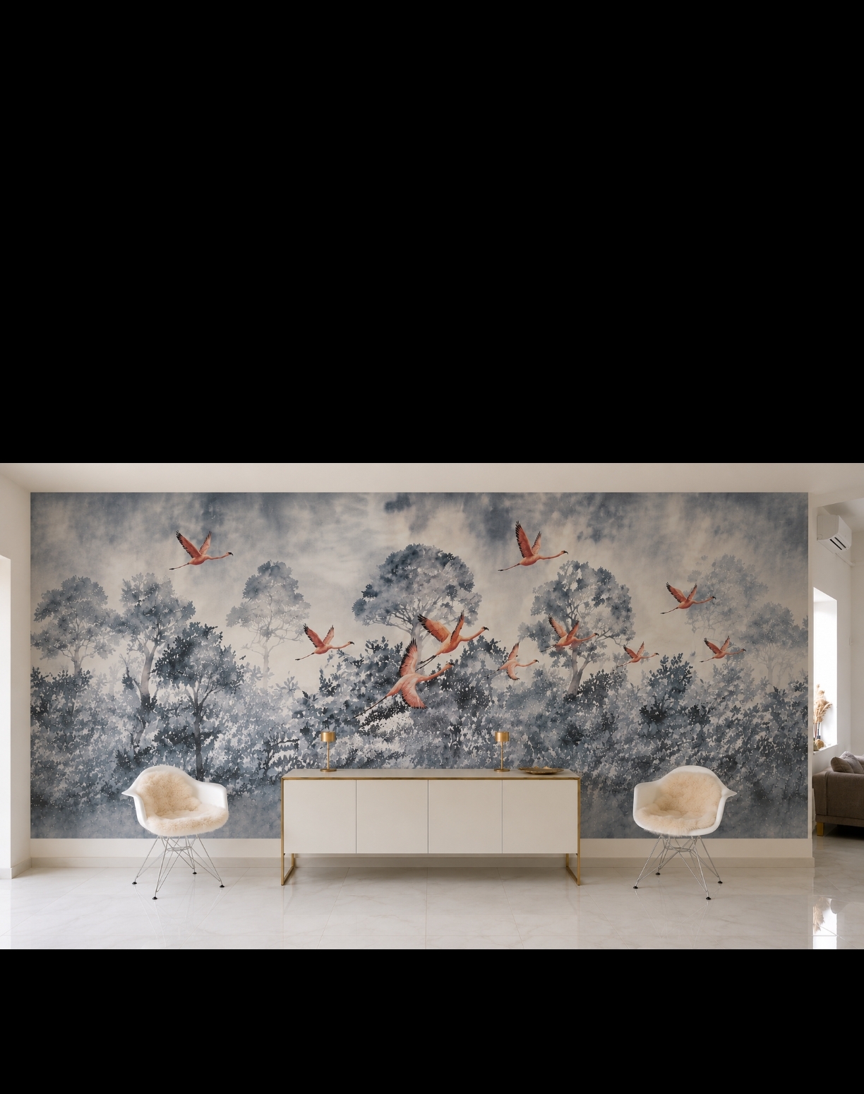 Flamingo-Tapete im Wohnzimmer