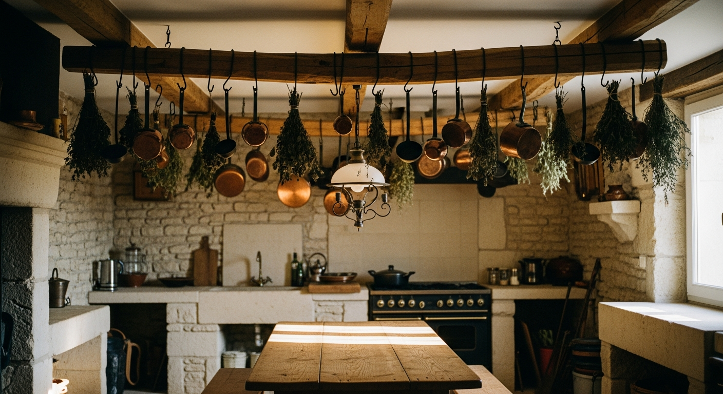 Französische Cottage-Küche mit hängenden Kupfertöpfen und Kräutern